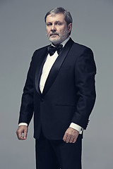 Image showing Middle aged male adult wearing a suit isolated on gray