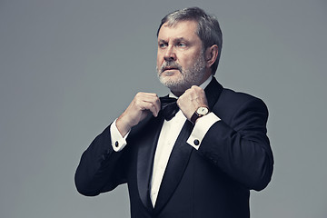 Image showing Middle aged male adult wearing a suit isolated on gray