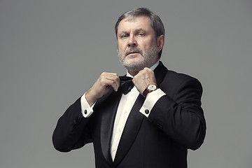 Image showing Middle aged male adult wearing a suit isolated on gray