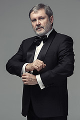 Image showing Middle aged male adult wearing a suit isolated on gray