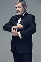 Image showing Middle aged male adult wearing a suit isolated on gray