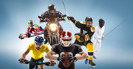 Image showing The conceptual multi sports collage with american football, hockey, cyclotourism, fencing, motor sport