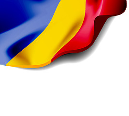 Image showing Waving flag of Romania close-up with shadow on white background. Vector illustration with copy space