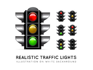 Image showing Realistic traffic light on a white background, in various color variations. Stoplight vector