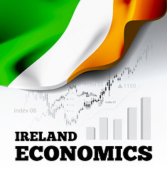 Image showing Ireland economics vector illustration with ireland flag and business chart, bar chart stock numbers bull market, uptrend line graph symbolizes the growth