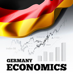 Image showing Germany economics vector illustration with german flag and business chart, bar chart stock numbers bull market, uptrend line graph symbolizes the growth