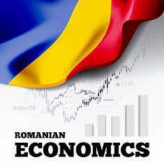 Image showing Romanian economics vector illustration with romania flag and business chart, bar chart stock numbers bull market, uptrend line graph symbolizes the growth