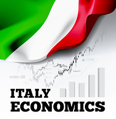 Image showing Italy economics vector illustration with italian flag and business chart, bar chart stock numbers bull market, uptrend line graph symbolizes the growth