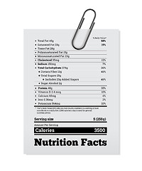 Image showing Nutrition facts label design with a paper clip. Vector