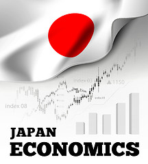 Image showing Japan economics vector illustration with japanese flag and business chart, bar chart stock numbers bull market, uptrend line graph symbolizes the growth