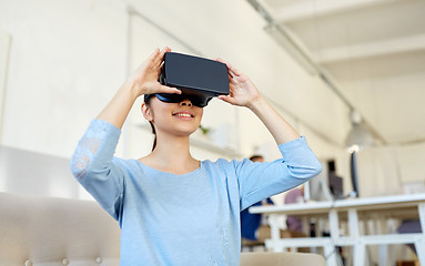 Image showing happy woman with virtual reality headset at office