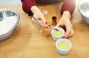 Image showing chef adding food color into bowl with egg whites