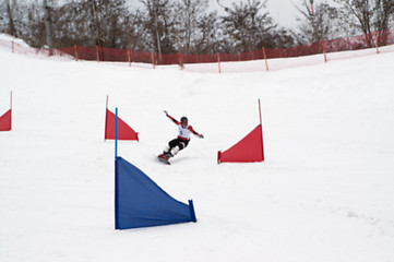 Image showing Blurred view of snowboarding giant slalom competitions