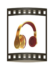 Image showing Golden headphones. 3d illustration. The film strip.