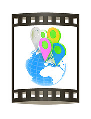 Image showing Planet Earth and map pins icon. Earth globe and colorful map lab