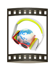 Image showing Earth planet with earphones and sunglasses. 3d illustration. The