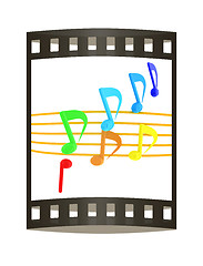 Image showing music notes  background. 3D illustration. The film strip.