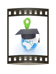 Image showing Geo pin with graduation hat on white. School sign, geolocation a