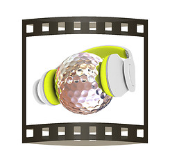 Image showing Metal Golf Ball With headphones. 3d illustration. The film strip