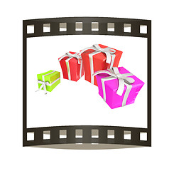 Image showing Gift boxes. 3d illustration. The film strip.