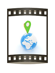 Image showing Planet Earth and map pins icon. 3d illustration.. The film strip