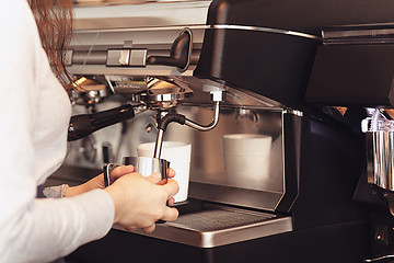 Image showing Barista, cafe, making coffee, preparation and service concept