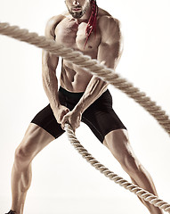 Image showing Attractive muscular man working out with heavy ropes.