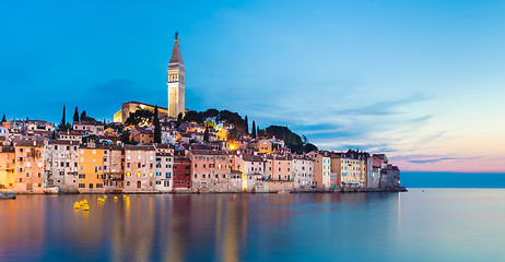 Image showing Colorful sunset of Rovinj town, Croatian fishing port on the west coast of the Istrian peninsula.