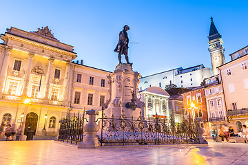 Image showing Tartini Square in old tourist costal Mediterranean town of Piran, Slovenia.