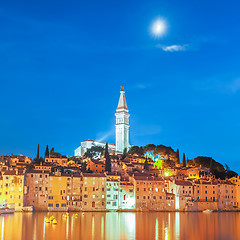 Image showing Colorful sunset of Rovinj town, Croatian fishing port on the west coast of the Istrian peninsula.