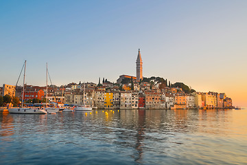 Image showing Colorful sunset of Rovinj town, Croatian fishing port on the west coast of the Istrian peninsula.