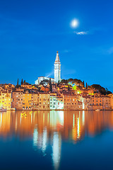 Image showing Colorful sunset of Rovinj town, Croatian fishing port on the west coast of the Istrian peninsula.