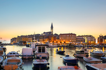 Image showing Colorful sunset of Rovinj town, Croatian fishing port on the west coast of the Istrian peninsula.