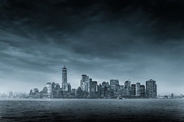 Image showing Panoramic view of storm over Lower Manhattan from Ellis Island at dusk, New York City.