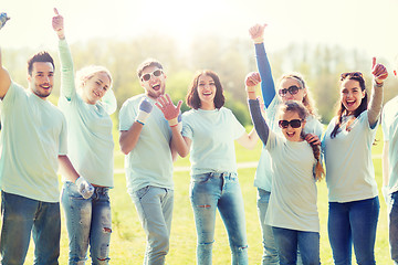 Image showing group of volunteers showing thumbs up in park