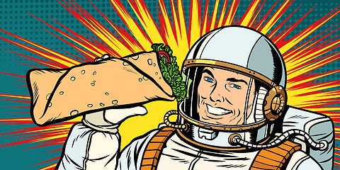 Image showing Smiling man astronaut presents Shawarma kebab Doner