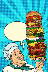 Image showing Cook Chef man presentation gesture. big mega Burger