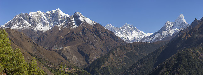 Image showing Phortse village on a hill, Everest, Lhotse and Ama Dablam