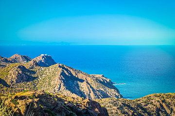 Image showing Mountain and blue sea, beautiful view. Almeria, Andalusia