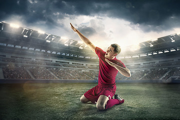 Image showing Happiness football player after goal on the field of stadium