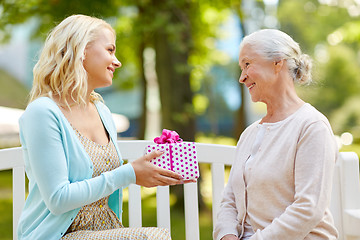 Image showing daughter giving present to senior mother at park