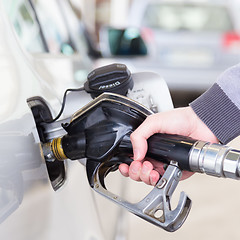 Image showing Closeup of mans hand pumping gasoline fuel in car at gas station.