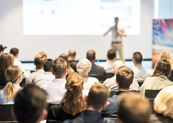 Image showing Business speaker giving a talk at business conference event.