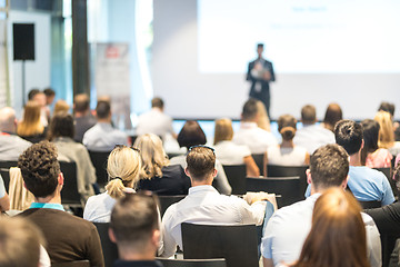 Image showing Business speaker giving a talk at business conference event.