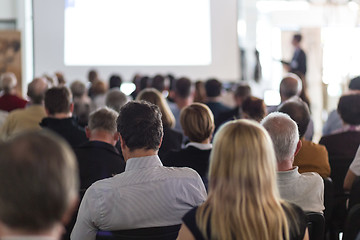 Image showing Business speaker giving a talk at business conference event.