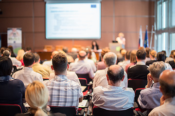 Image showing Woman giving presentation on business conference.