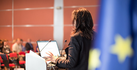 Image showing Public speaker giving talk at Business Event.