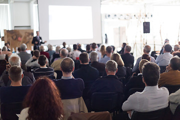 Image showing Business speaker giving a talk at business conference event.