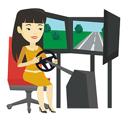 Image showing Woman playing video game with gaming wheel.