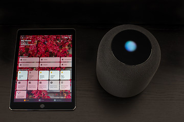 Image showing Smart home using an Apple HomePod speaker and the home app on the iPad